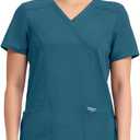 Cherokee Scrubs Top for Women Mock Wrap with 3 Pockets, Soft, 2-Way Stretch & Durable Fabric - WW610 (X-Small, Caribbean Blue)