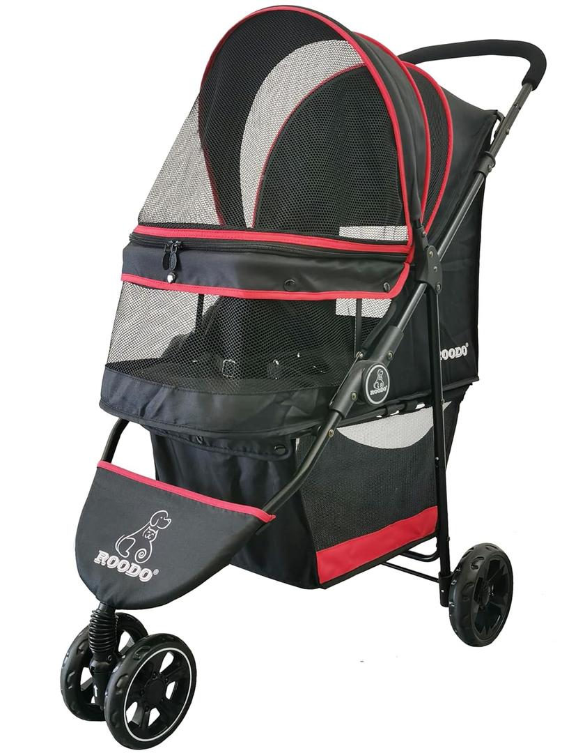 ROODO Escort 3 Wheel Dog Cat Pet Stroller for Small/Medium Dogs Cats Best Lightweight Foldable Portable Compact Jogger Travel All Terrain Pet Gear System Puppy Doggie Bunny Kitty Stroller(Black) (33x37 Inch (Pack of 1), Black/red)
