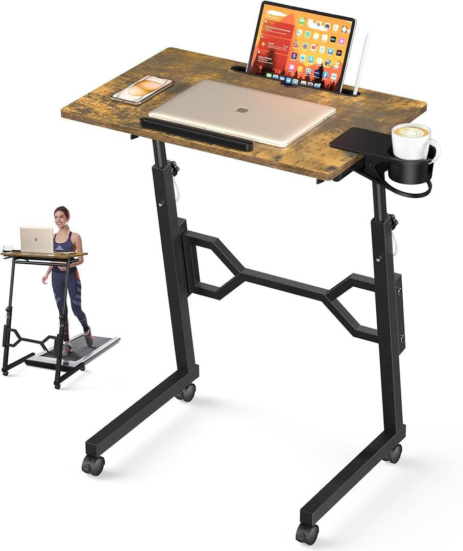 Small Standing Desk with Wheels, Portable Treadmill Desk, Rolling Desk Adjustable Height for Laptop, Mobile Standing Table for Walking Pad, Bedside Table (Brown)