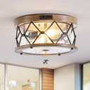 Motion Sensor Outdoor Flush Mount Ceiling Light, Industrial Glass Rustic Wood-Like Finish 2-Light Ceiling Lamp for Porch, Entryway, Garage, Timer and Sensitivity Adjustable (Wood-Like-Round)