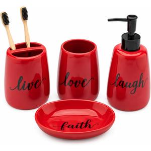 Red Ceramic Bathroom Accessories Set, 4 Piece Farmhouse Bathroom Decor, Soap Dispenser, Toothbrush Holder, Tumbler & Soap Dish, Live Love Laugh Faith Bathroom Countertop Set