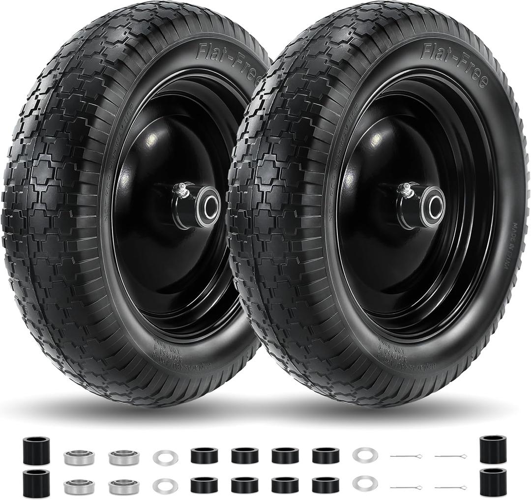 2PC 4.80/4.00-8 Flat Free Tire and Wheel, 14.5" Solid Wheelbarrow Tire with 5/8" & 3/4" Bearings and 3-7" Centered Hub for Gorilla Cart, Garden Cart, Hand Truck, Trolley, Wagons, Universal Fit 4.00-6