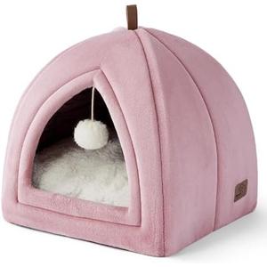 Bedsure Cat Beds for Indoor - 2 in 1 Cat Cave House Tent for Kittens and Small Pets with Removable Washable Cushioned Pillow, Foldable Kitten Hideaway with Non-Slip Bottom, Pink, 16 inches