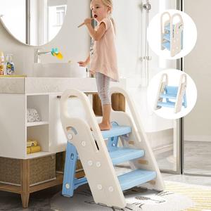 Onasti Foldable Step Stool for Bathroom Sink, Adjustable 3 Step Stool for Kids Toilet Potty Training Stool with Handles, Child Kitchen Counter Stool Helper, Plastic Ladder for Toddlers (Blue)