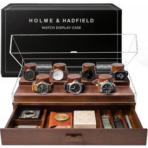 Premium 7 Slot Watch Box for Men - Large Wooden Watch Display Case with Hinged Cover, Leather Lining & Drawer - Watch Holder Organizer Stand - Handcrafted Luxury Valentine's Day Gift for Men 