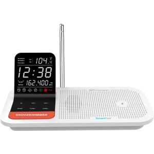 Emerson SmartSet Weather Band Dual Alarm Clock Radio with 15W Wireless Charging, USB Ports, NOAA Alerts, Temperature Sensor, 0.6 Black Backlit LCD Display, Dual Alarm, White