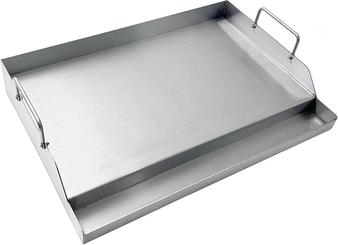 Direct Store Parts DS126 Stainless Steel BBQ Cooking Griddle, Universal Flat Top Griddle with 2 Handles for Most Gas Grills, W18"D12.5"H2.75", Heavy Duty Stainless Steel Griddle 1pc, Middle size