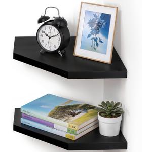 Demigo Corner Shelf Wall Mount, Set of 2 Solid Acacia Wood 11.8 x 16.5 inches Floating Corner Shelves, Smooth - Durable - Attractive Corner Shelves for Bedroom Living Room Bathroom Kitchen (Black)