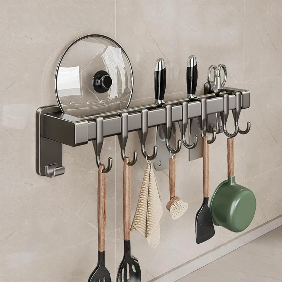Wall Mount Kitchen Utensil Rail with Hooks, Adhesive No Drill Kitchen Pot Pan Rack, No Screws Self Adhesive Utensil Hanger for Tile Wall, Magnetic Knife Holder Kitchen Storage Organizer