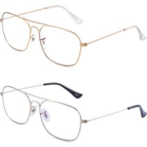 JM Pack of 2 Aviator Reading Glasses Women Metal Frame Blue Light Blocking Computer Readers (Gold & Silver)