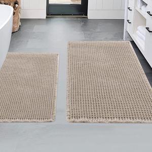 MABOZOO 2 Pieces Bathroom Rugs Set, Washable Waffle Bath Mats Super Absorbent Shower Mats, Quick Dry Boho Bath Mat Bath Rugs with Tassels for Bathroom Floor(24"X17"+30"X18", Brown)