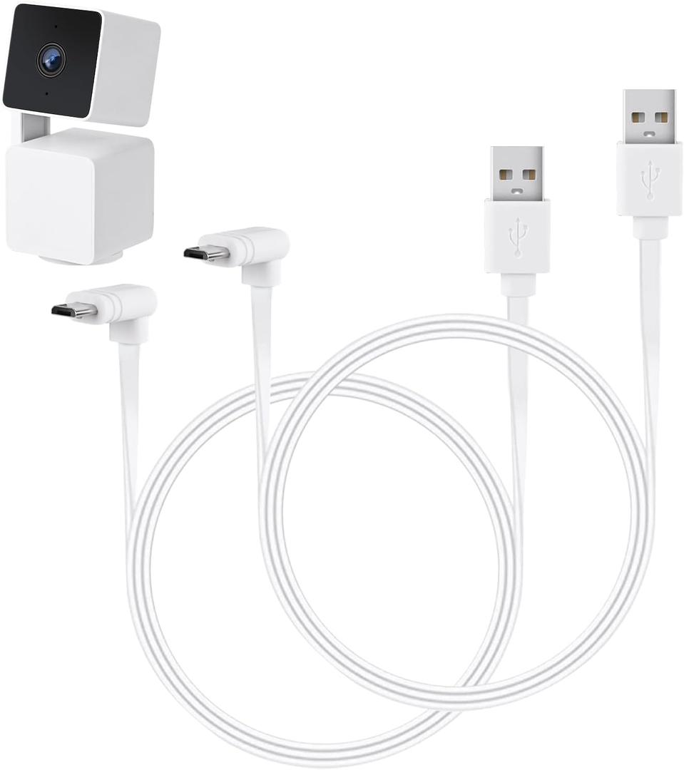 Pack of 2 10FT/3M Micro USB Extension Cable Compatible with WYZE Cam Pan V3, Waterproof 90 Degree Flat Power Cable Charging Your Cam Pan V3 Continuously - White