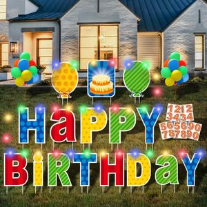 16 Pcs Happy Birthday Yard Sign with Stakes, Personalized Age Plastic Signs with LED Lights, 20 Number Stickers & Colorful Letters, Weatherproof Birthday Decorations for Indoor & Outdoor Lawn