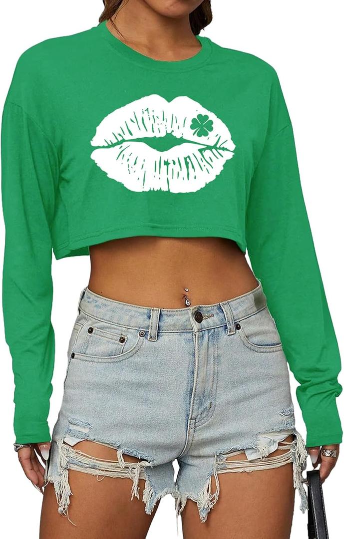 Women's St. Patrick's Day Crop Top St. Paddy's Day Shirt Irish Shirts Shamrock Graphic Long Sleeve Crop Tops for Teen Girls (La-green, L)