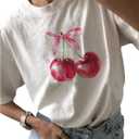Women's Graphic Cherry Bow Tees Casual Letter Print Round Neck T Shirt Summer Short Sleeve Trendy Tops (White, L)