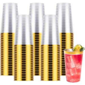 Goodluck 100PCS 14oz Gold Plastic Cups for Party, Disposable Gold Rim Cups, Plastic Cocktail Glasses for Wedding Thanksgiving, Christmas, and Parties