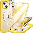 Miracase Glass Series for iPhone 15 Case [Compatible with MagSafe] Full-Body Magnetic Case with Built-in 9H Tempered Glass Anti-Fingerprint Screen Protector + Camera Lens Protector, Lemon Yellow