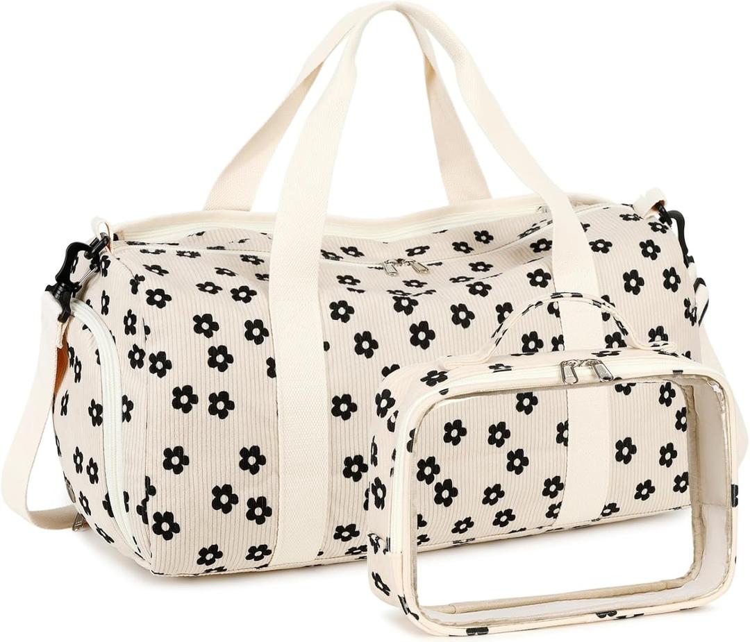Duffle Bag for Gym Sports Women Girls Workout Travel Bag Weekender with Shoe Compartment and Wet Pocket (D-Corduroy-Black floral-2)