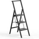 3 Step Ladder, Slim Folding Steps Stool with Handrail, Iron Foldable Black Ladder with Anti-Slip Wide Pedal, for Home, Kitchen, Office, Garage Use (300 lbs Capacity)