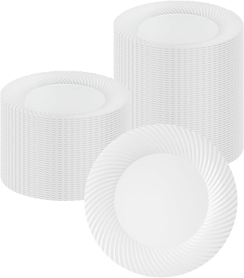 Restaurantware Moderna 9 Inch Premium Disposable Plates 40 Round Plastic Plates For Parties - Wave Pattern Heavy-duty White Plastic Dinner Plates For Warm And Cold Foods Ideal For Cafes (0.75)