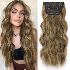 ALXNAN Clip in Long Wavy Synthetic Hair Extension 20 Inch Brown with Highlights 4PCS Thick Hairpieces Fiber Double Weft Hair for Women