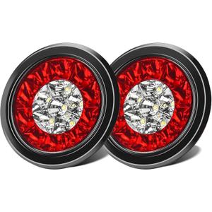 LIGBT 2PCS 4" Round LED Trailer Tail Lights 4Inch 16LED Red White with Rubber Grommet IP67 Waterproof Red Stop Brake Running Light White Reverse Backup Lights for Trucks Trailer RV