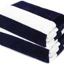 COTTON CRAFT Oversized Beach Towels - Set of 2 - XXL 35x84 The Big Kahuna 7 Foot Extra Large Beach Blanket Towel - Big & Tall - Huge 100% Cotton Velour Soft Luxury Pool Bath Towel - Cabana Stripe Navy (2 Pack)