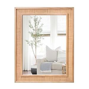 Rectangle Rattan Mirror, 20"x28" Rattan Wall Mirror, Farmhouse Wooden Vanity Mirror with Handmade Wicker Frame, Decorative Boho Mirror for Nursery Bedroom Living Room Entryway Nature