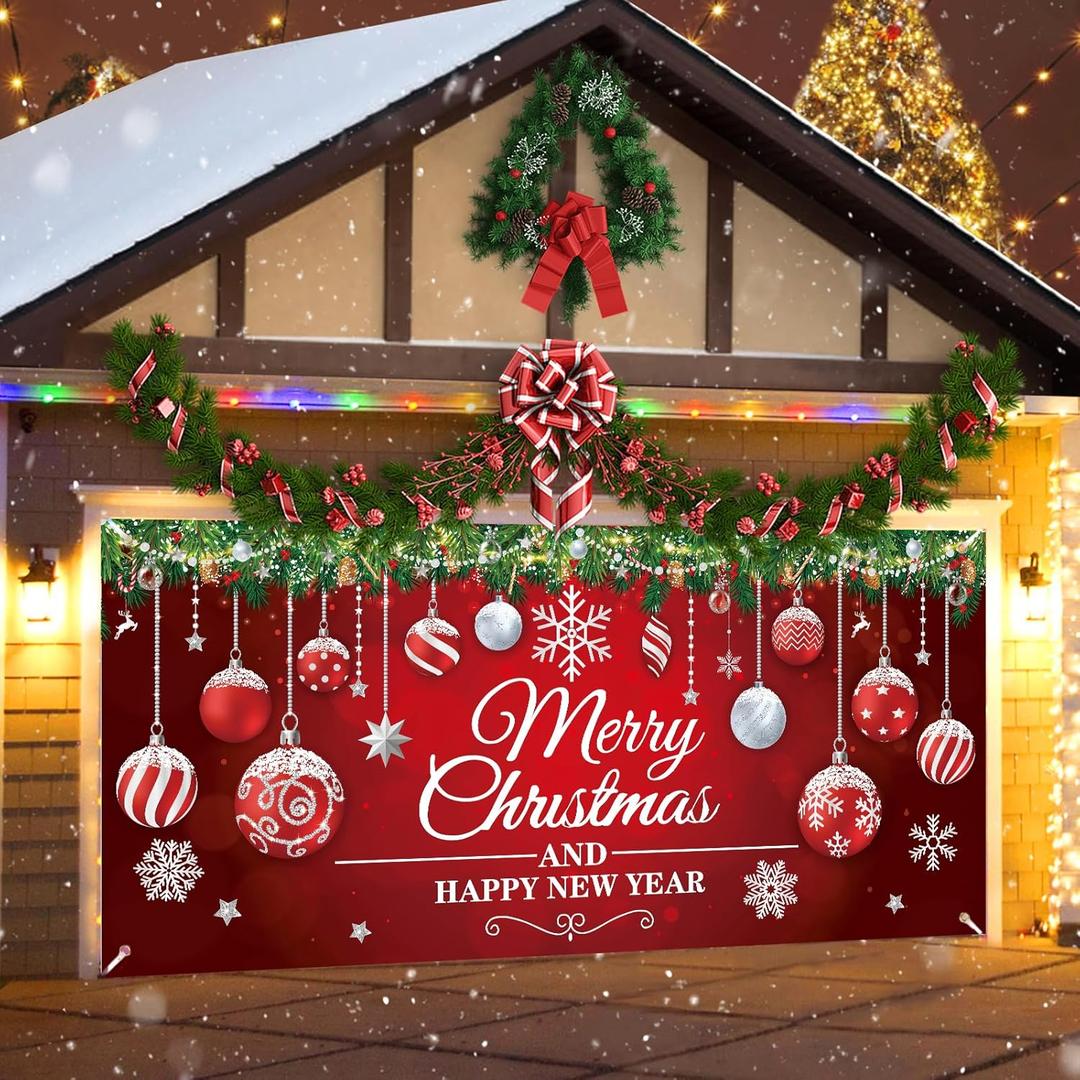 ROCKY&CHAO Christmas Garage Door Cover, 6x13ft Ball Decoration Banner, Holiday Backdrop for New Year Party