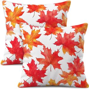 Fall Throw Pillow Covers 18x18 Inch Set of 2  Double-Sided Maple Leaf Design on White Linen Pillowcases, Indoor Outdoor Autumn Decorative Cushion Covers for Sofa Couch Bed (Red Autumn Leaves)