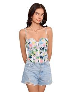 WDIRARA Women's Floral Print Heart Shaped Bustier Corset Cami Top Boho Slim Fit Camisole Blue Medium