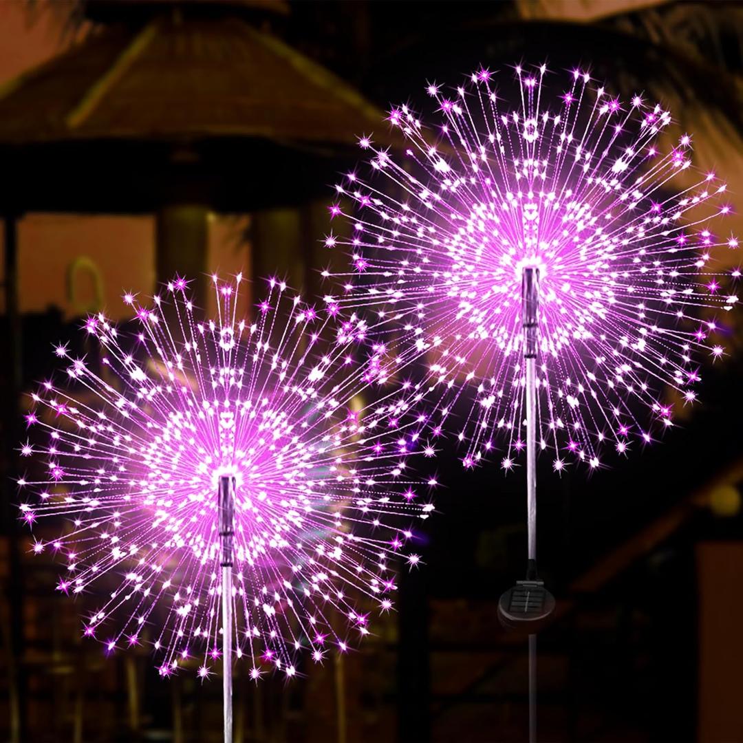 JJGoo Solar Firework Lights, 2 Pack 120 LEDs 2 Lighting Modes Solar Garden Lights Outdoor Waterproof for Yard Patio Walkway Pathway Party Wedding Christmas Decorative - Pink