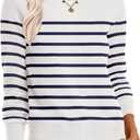 ANRABESS Sweaters for Women Long Sleeve Lightweight Crewneck Soft Basic Knit Loose Fit Pullover Top 2025 Fall Trendy Outfits (Large, White Navy Blue)