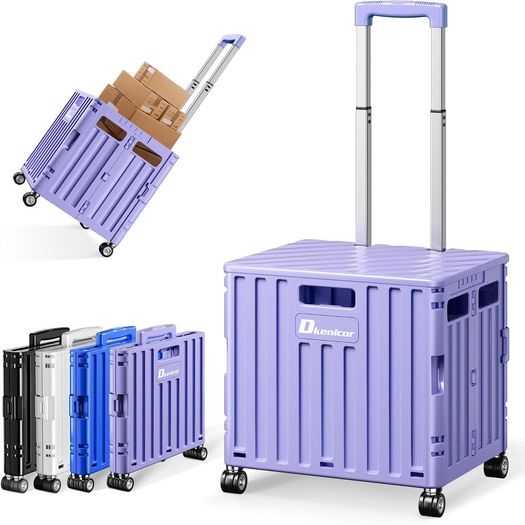 Folding Utility Cart, Portable Rolling Crate Handcart Collapsible Shopping Trolley with Lid, Foldable Tool Box Basket with 4 Rotate Wheels for Grocery, Office, Luggage, School - Purple, 4.33"D x 17.91"W x 17.72"H