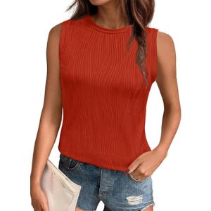 PrinStory Womens Sleeveless Textured Slim Tops Crewneck Knit Solid Summer Casual Shirts Pullover Tank Tops for Women (Orange, L)