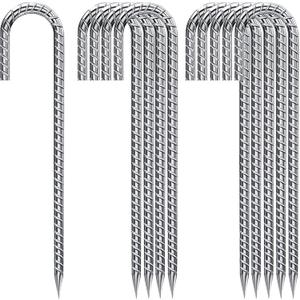 J Hook Rebar Stakes 12 Inch, Ground Stakes for Camping Tent Heavy Duty 10 Pack Rust Proof Coated Metal for Flower Gardens Landscape Fabric Pins Dog Fence (Silver-8mm)