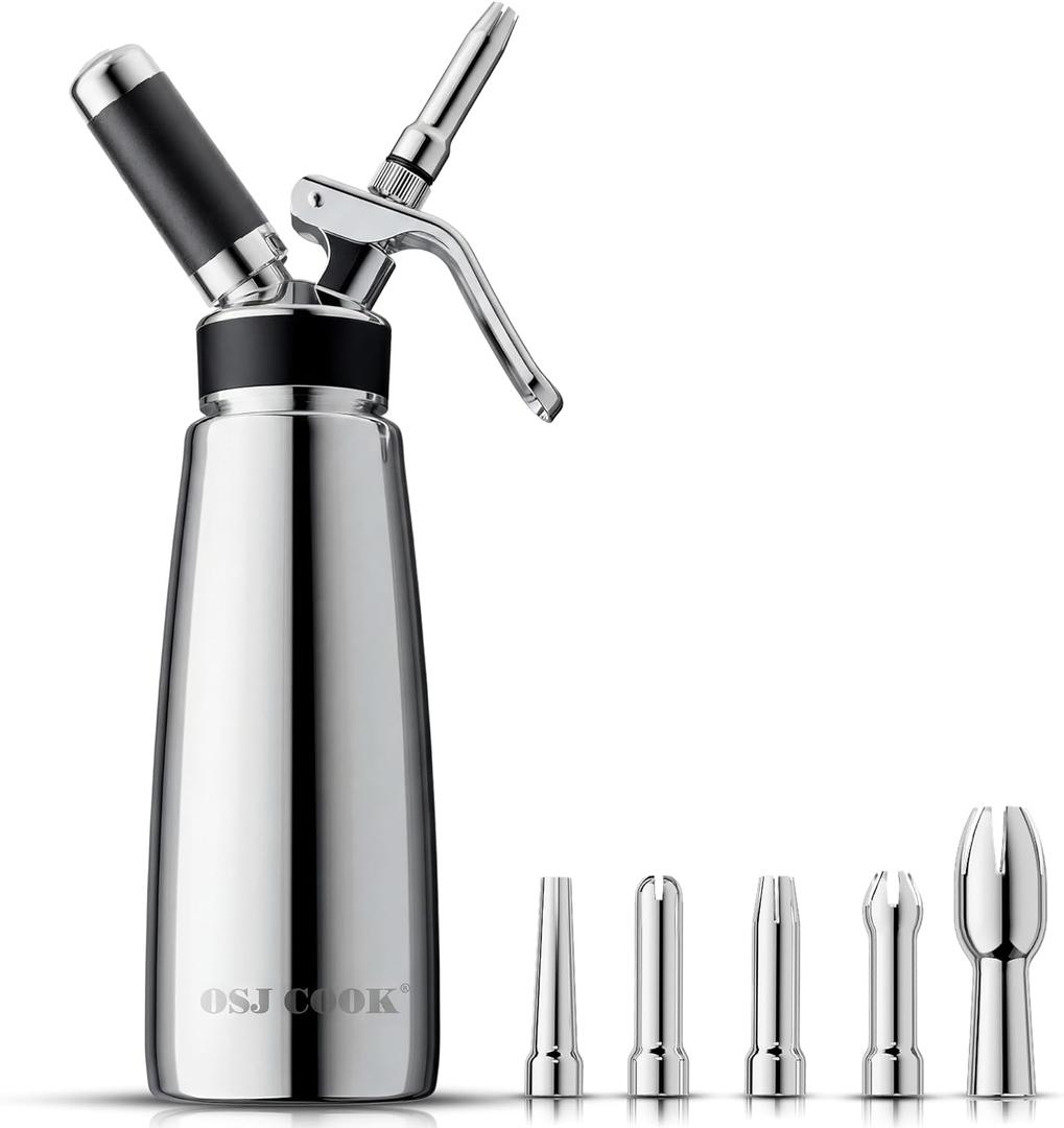 OSJCOOK Whipped Cream Dispenser Stainless Steel Cream Whipper Mirror Finish,500 mL/1 Pint Professional Cream Maker,5 Various Stainless Decorating Nozzles,1 Cleaning Brush,N2O Chargers NOT included (monolayer)