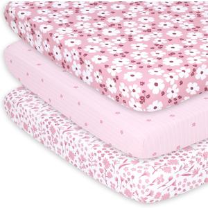 The Peanutshell 3-Pack Fitted Playard Sheets - Soft & Breathable Baby Girl Mini Crib Sheets, Pack N Play Mattress, Fits Standard Playard Pack Play Mattresses - Daisy