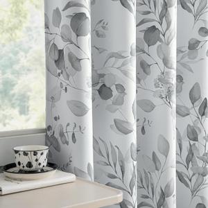 100% Blackout Curtains 90 Inches Long for Bedroom, Grey Floral Printed Curtains for Living Room Darkening Thermal Insulated Watercolor Patterned Drapes, Grommet Window Curtains 2 Panels