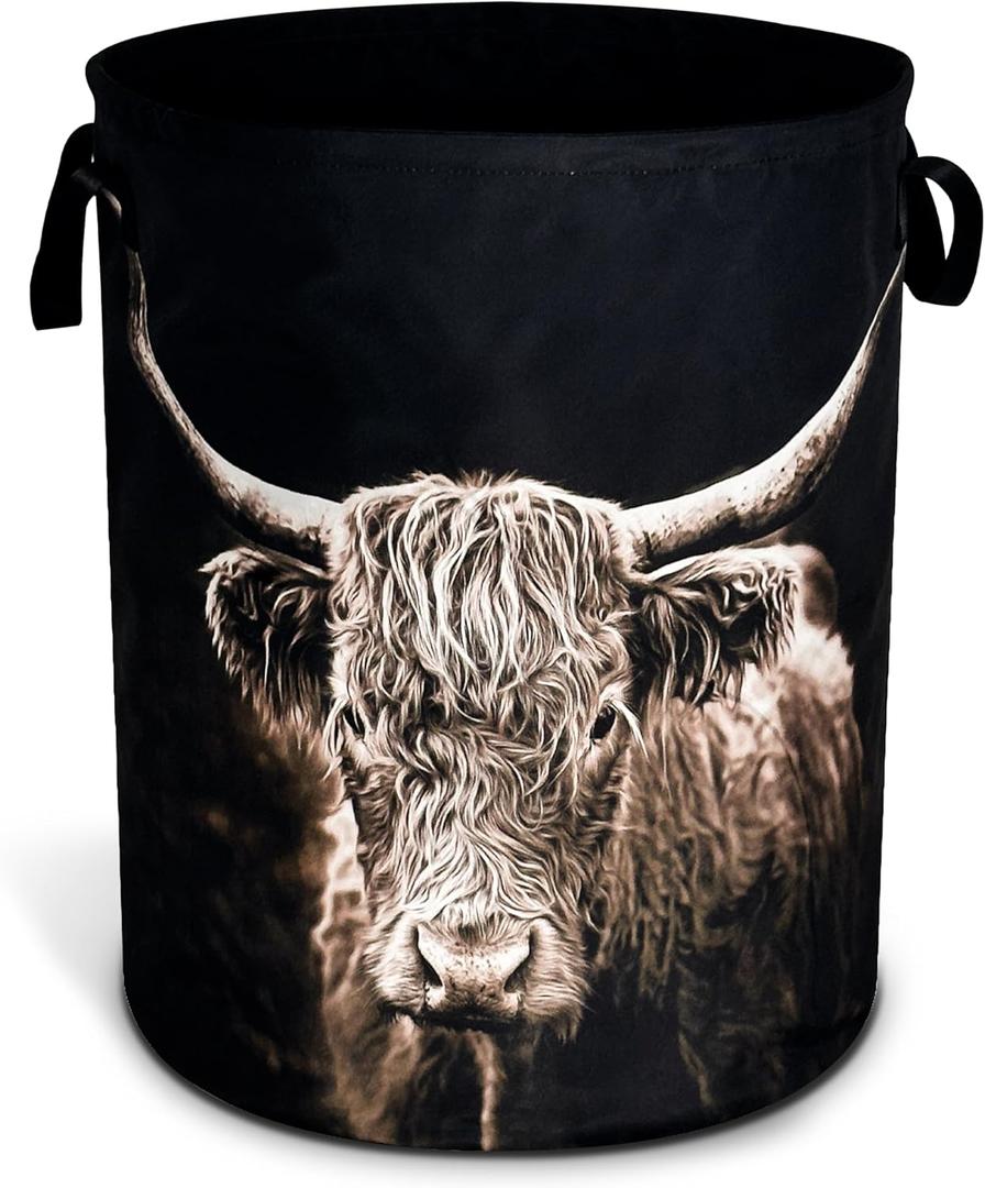 Highland Cow Laundry Basket Animal Foldable Oxford Cloth Funny Tote Bag Laundry Hamper Clothes Storage Bucket Organizer For Bathroom/Laundry Storage/Bedroom Storage Basket 17.7x13.7Inch
