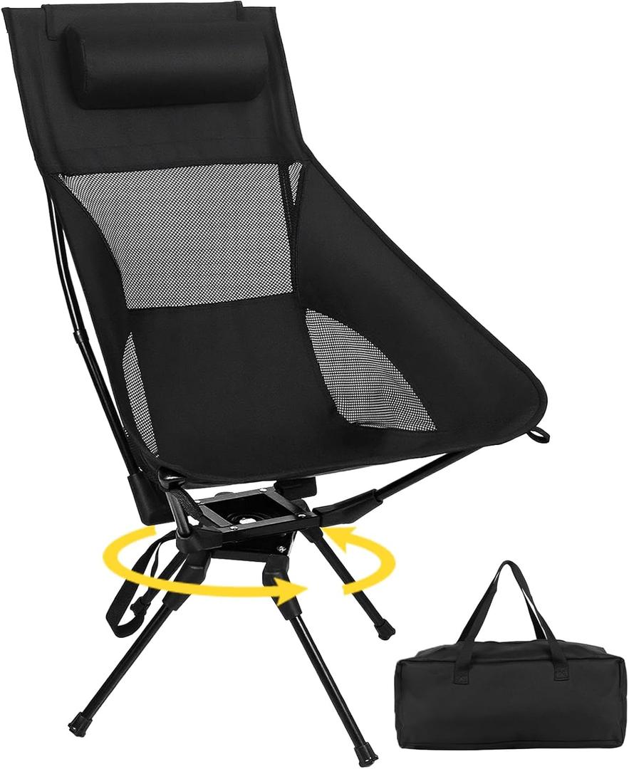 Swivel Portable Camping Chair, High Back Folding Chair with Detachable Pillow, Compact Lightweight Backpacking Chair for Outdoor, Travel, Beach, Hiking, Support 330 LBS, 1 Pack Black