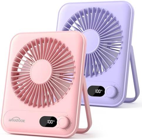 WHATOOK Desk Fan 2 Pack: 100 Speeds Stepless Control 5000mAh Battery Operated Portable Fan, Rechargeable Table Fan for Cruise Ship Essentials, Gift for Couples, Dorm, Office, Bedroom(Pink and Purple)