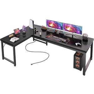 Huuger 63 Inch L Shaped Desk with Power Outlets and USB-C Port, Reversible Computer Desk, Larger Office Corner Gaming Desk, 0.95 Inch Thicker Desktop, Metal Frame, for Home Office, Study, Black
