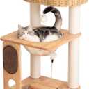 Wood Cat Tree for Large Cats, Modern Cat Tree Tower with Wide Shelves Cotton Scratching Posts, Super Sturdy Base, Cozy Perches, and Interactive Toys for Indoor Kittens 31-Inch