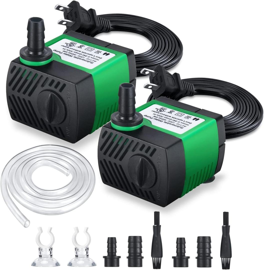 CWKJ 2 Pack 80GPH (4W 300L/H) Submersible Water Pump with 4.9ft Tubing (1/3-Inch ID), 3 Nozzles for Aquarium, Pond, Fish Tank, Hydroponics