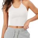 ODODOS Women's Crop Seamless Rib-Knit Camisole Strappy Racerback Crop Tank Tops, Longline Crop, White, Medium/Large