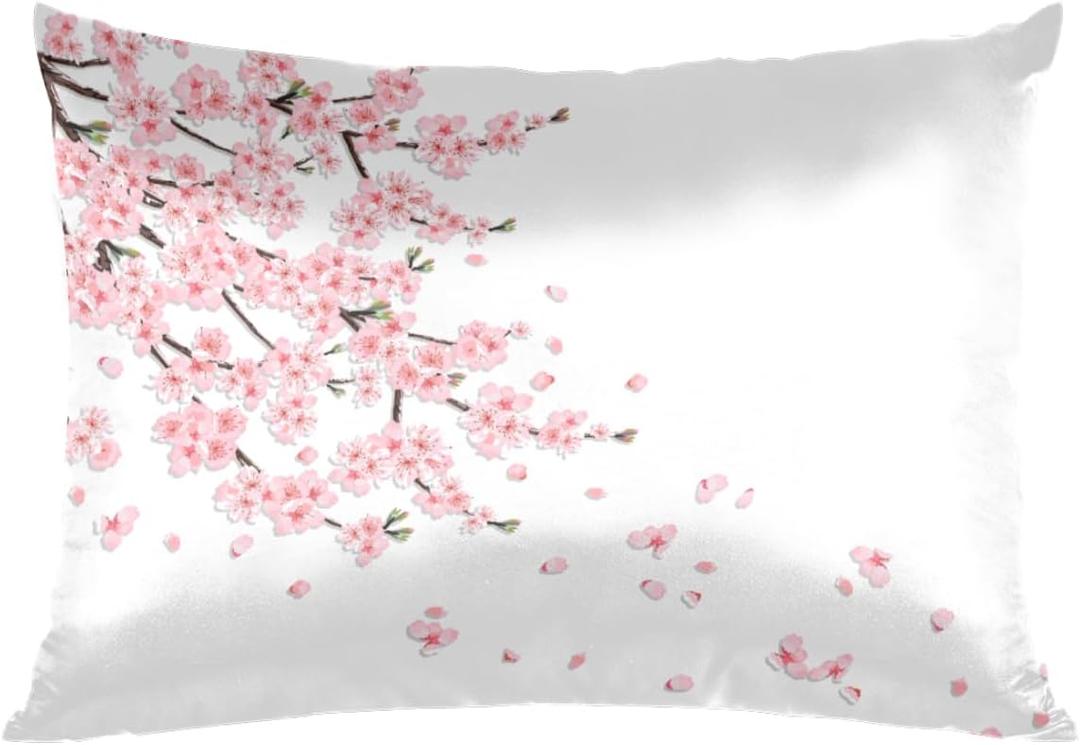 Flower Cherry Blossoms Jananese Satin Pillowcase for Hair and Skin Queen Size White Silk Pillow Cases Soft Slip Cooling Pillow Covers No Zipper with Envelope Closure for Bed Couch 20  30in (A02:japanese Flower Floral)