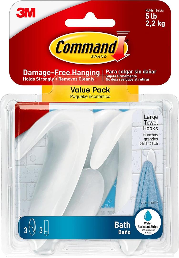 Command Bath Large Towel Hook Value Pack, Clear Frosted, 3-Large Hooks, 3-Water-Resistant Strips, Organize Damage-Free (White)