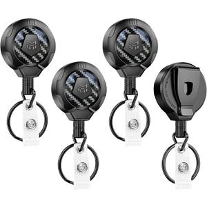 MNGARISTA Upgraded Heavy Duty Retractable Keychain with Belt Clip, 10 OZ Retraction, 31.5" Stainless Steel Cord Key Chain, 3K Carbon Fiber ID Badge Reel Holder with Badge Strap and Key Ring, 4 Pack
