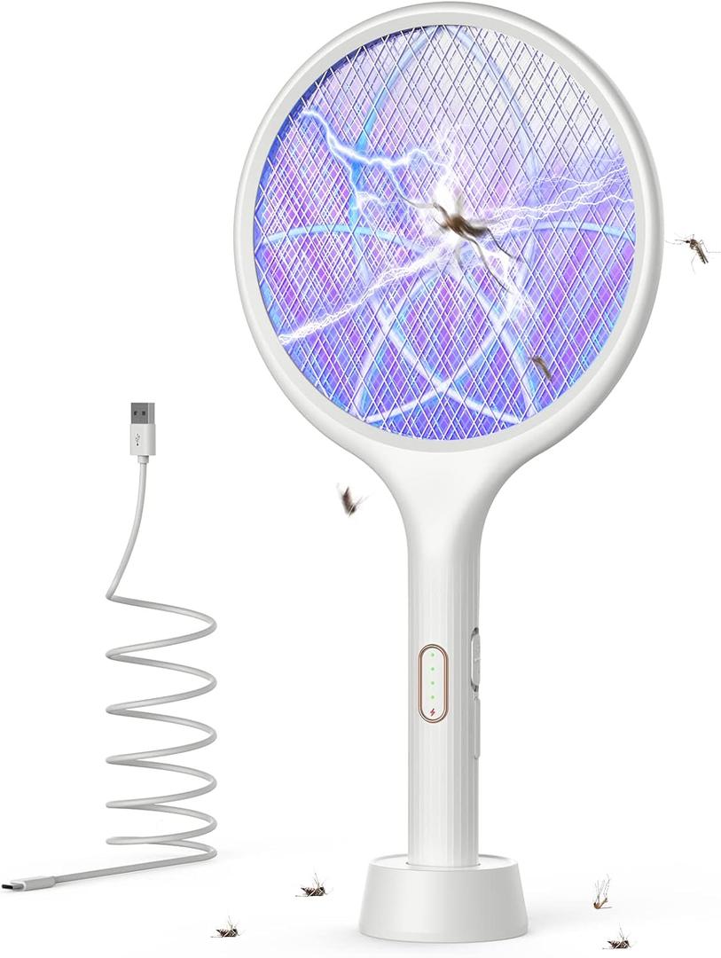 YISSVIC Electric Fly Swatter 4000V Bug Zapper Racket Dual Modes Mosquito Killer with Purple Mosquito Light Rechargeable for Indoor Home Office Backyard Patio Camping, White